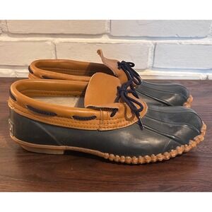 Sporto Vintage Navy Blue Tan Leather Duck Shoes Faux Fur Lined Women 9 Rain Boot